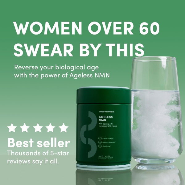 A high-contrast, text-led ad creative for NMN supplement powder focusing on age-reversal claims and social proof.